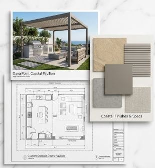 Outdoor Living Jumpstart deliverables — Dana Point Coastal Pavilion floor plan, hardscape specs, and coastal finishes mood board